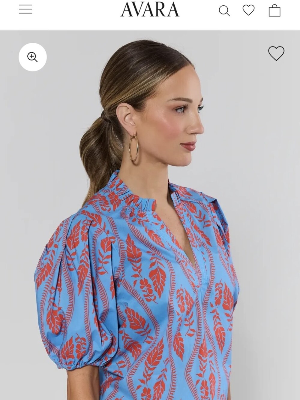 Avara Blue Botanical Print Ruffle-Neck Puff Sleeve Blouse - Picture 3 of 6